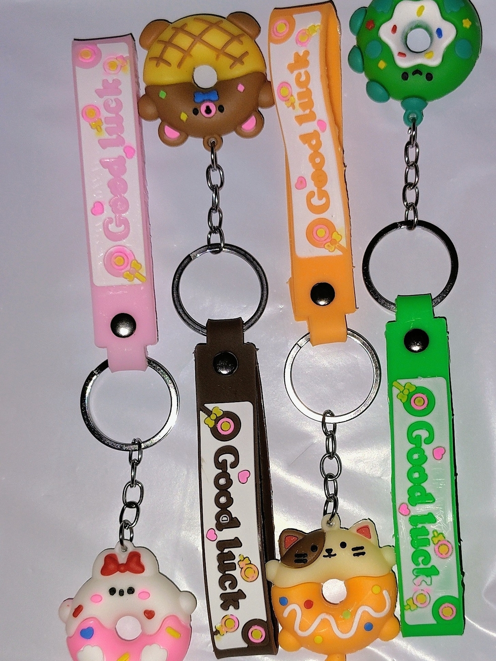 Good Luck Donut Charm Keychain Wrist Strap - Pink, Orange, Brown, Green
